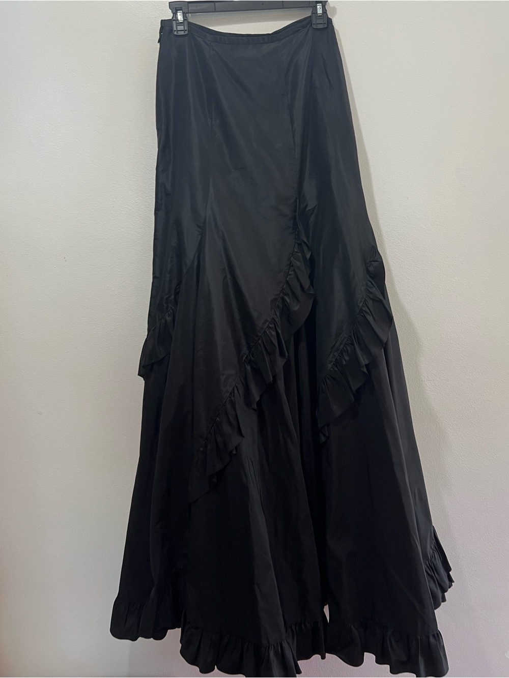 Teri Jon 100% Silk Black Maxi Skirt with Ruffle Tiers